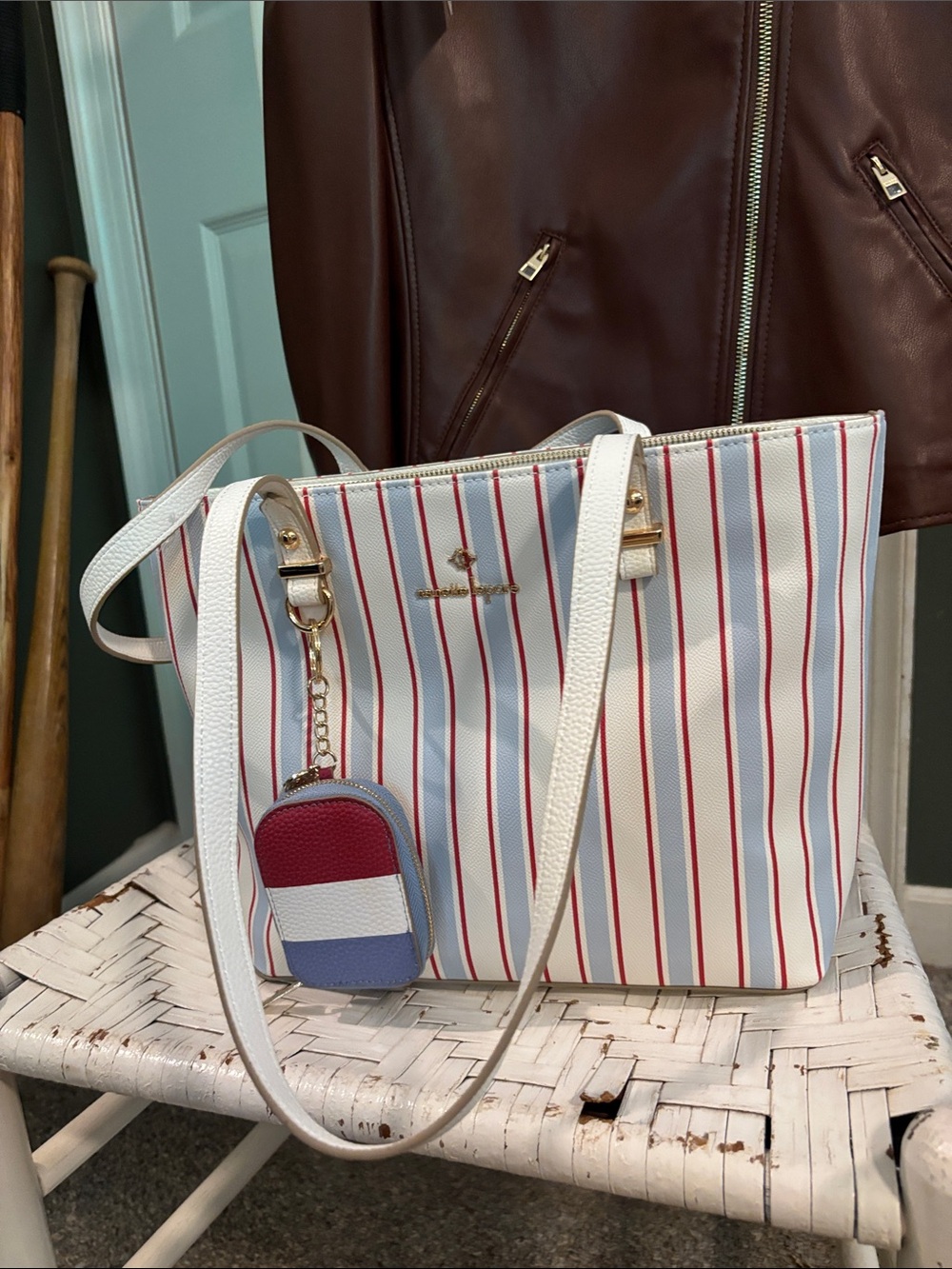 Nanette Lepore White Tote with Red & Blue Pinstripes